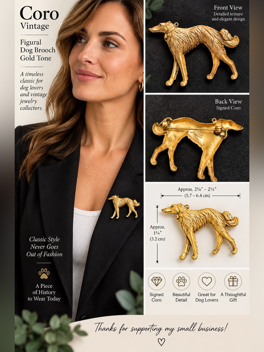 Vintage Coro Borzoi Russian Wolfhound Dog Brooch Gold Tone Figural Pin